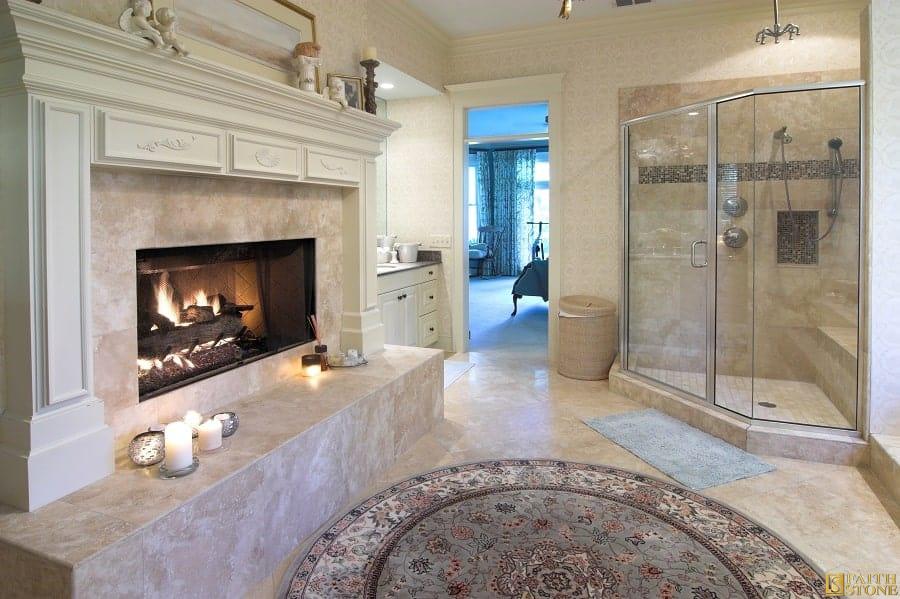 marble bathroom with fireplace